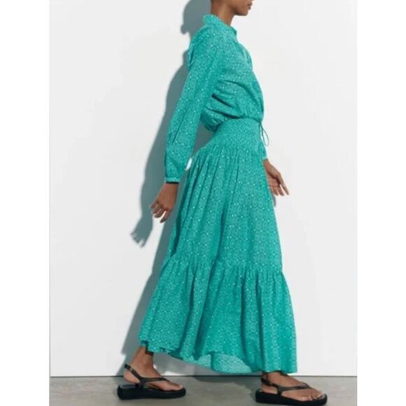 Zara Matching Set Maxi Skirt Crop Blouse XS Blue Green Print Dress 100% Cotton - Picture 2 of 16